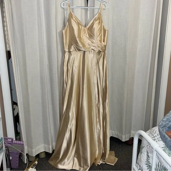 Dresses | Champagne Satin Vneck Bridesmaid With Slit Wedding Guest Dress  Size 12 Nwt | Poshmark